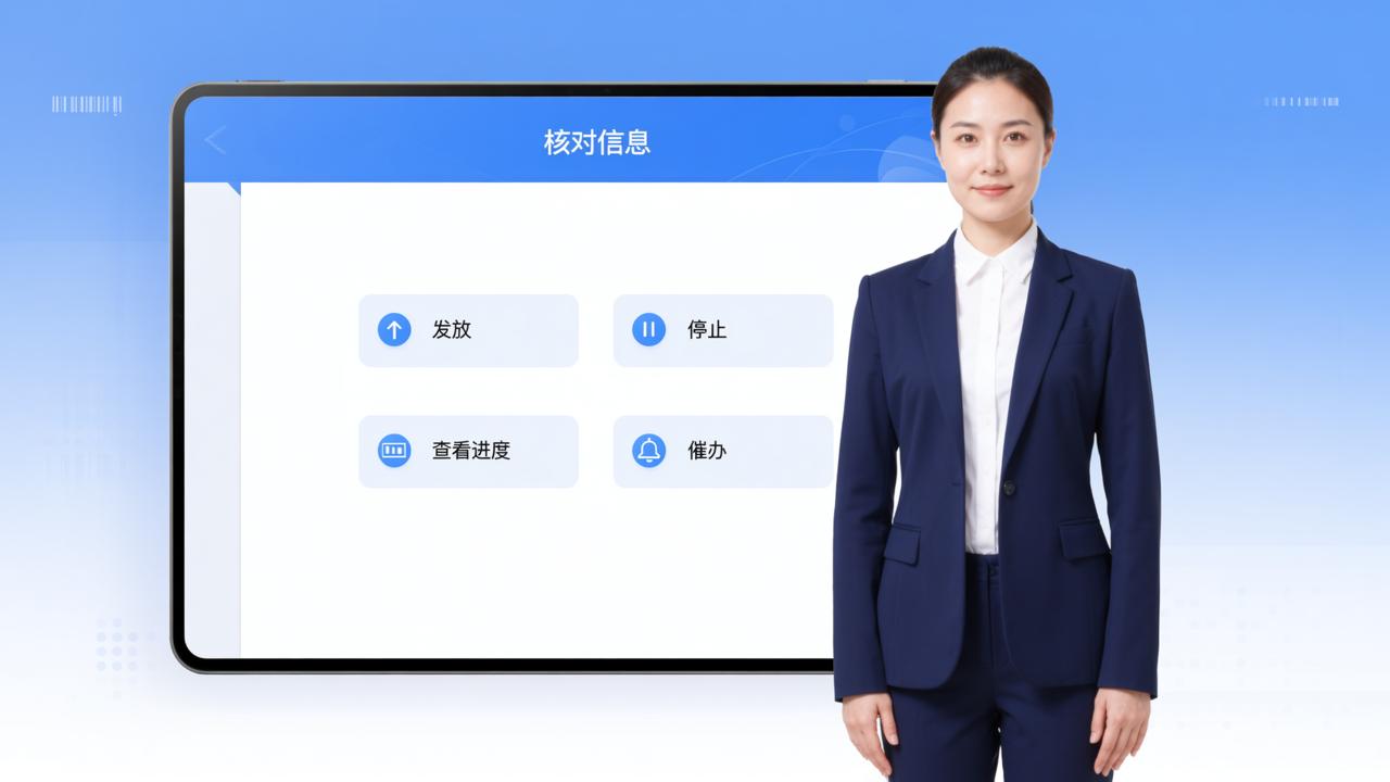 核对人管理功能对比：发放、停止、查看进度、催办