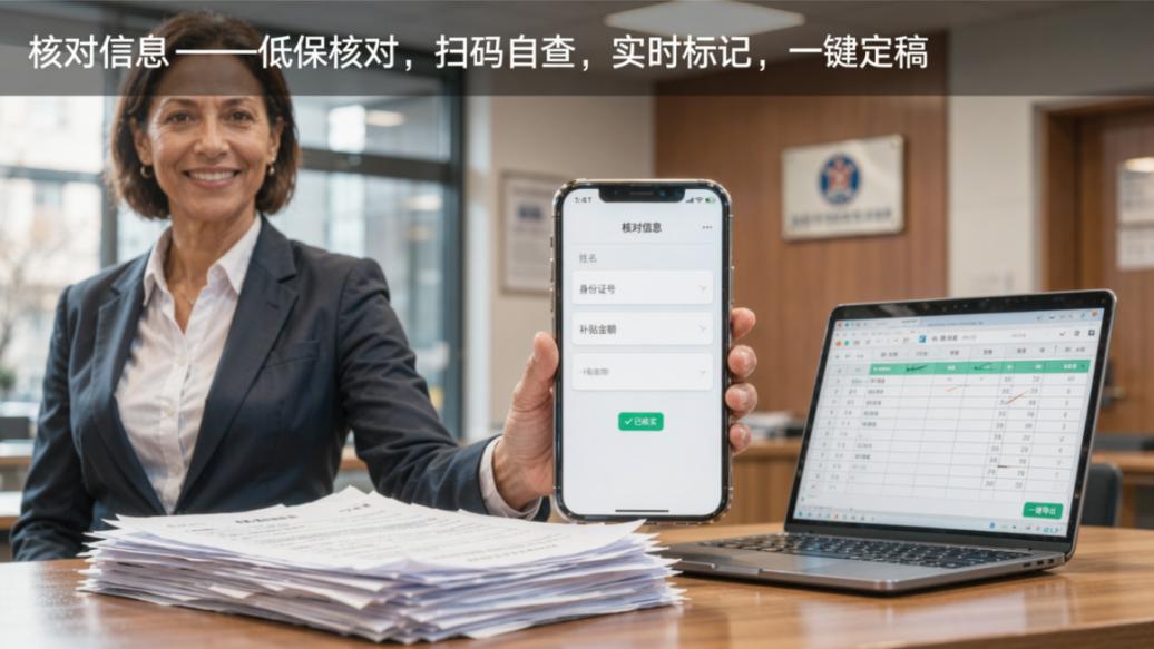 低保名单、补贴发放要逐户核对？核对信息，扫码自查错漏实时标记，一键导出定稿